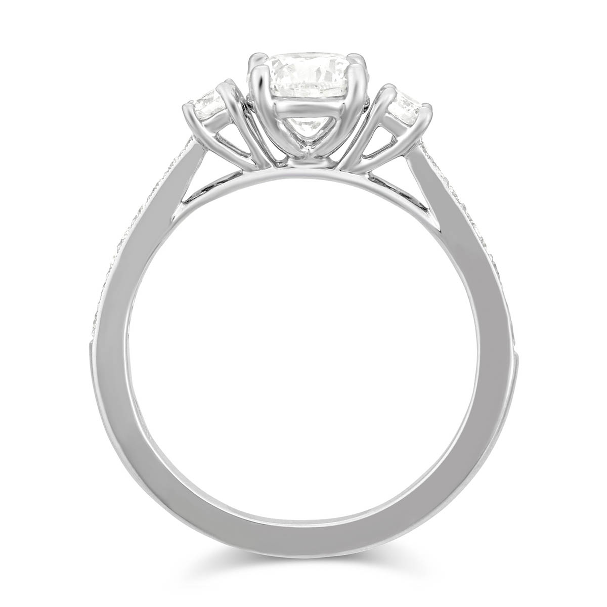 White Gold Diamond 3 Stone Engagement Ring with Diamond Milgrain Shank, 0.87 ct