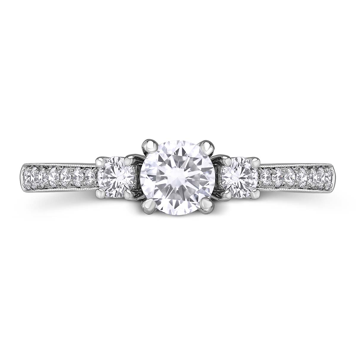 White Gold Diamond 3 Stone Engagement Ring with Diamond Milgrain Shank, 0.87 ct