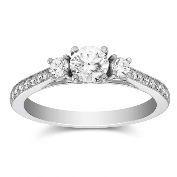 White Gold Diamond 3 Stone Engagement Ring with Diamond Milgrain Shank, 0.99 ct