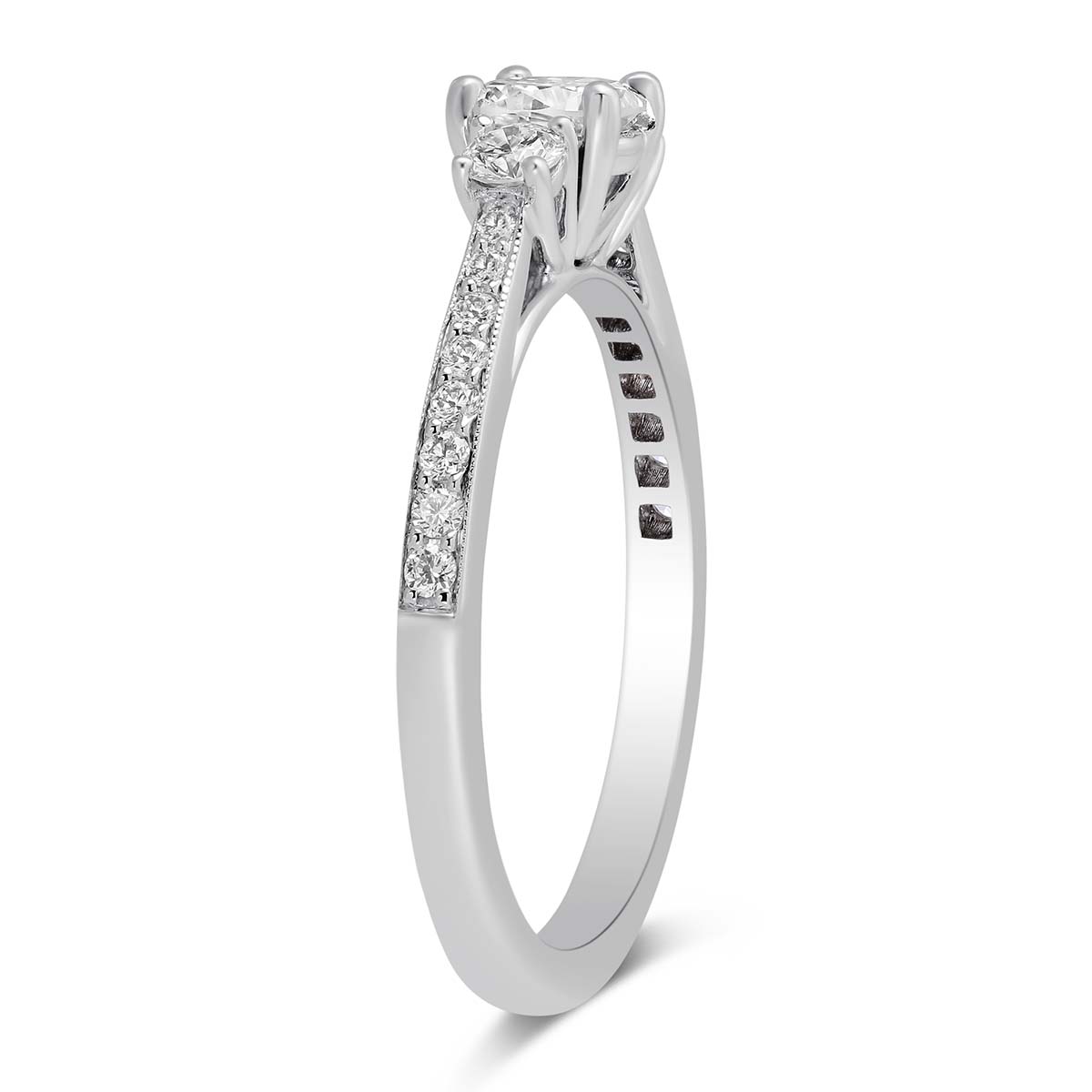 White Gold Diamond 3 Stone Engagement Ring with Diamond Milgrain Shank, 0.99 ct