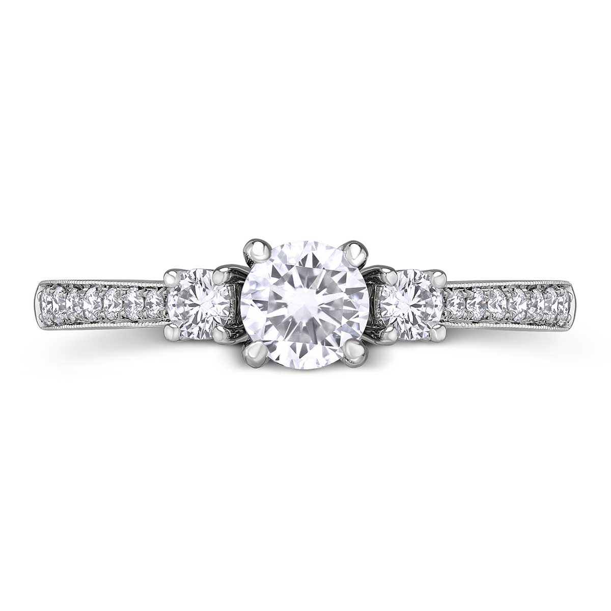 White Gold Diamond 3 Stone Engagement Ring with Diamond Milgrain Shank, 0.99 ct