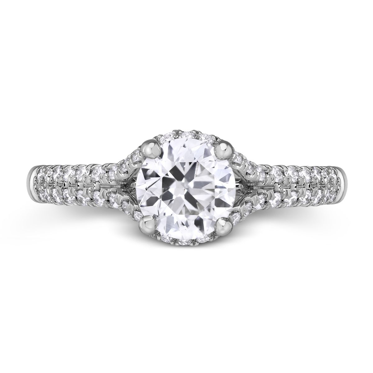 White Gold Diamond Engagement Ring with Joined Diamond Halo & 2 Row Shank, 0.77 ct