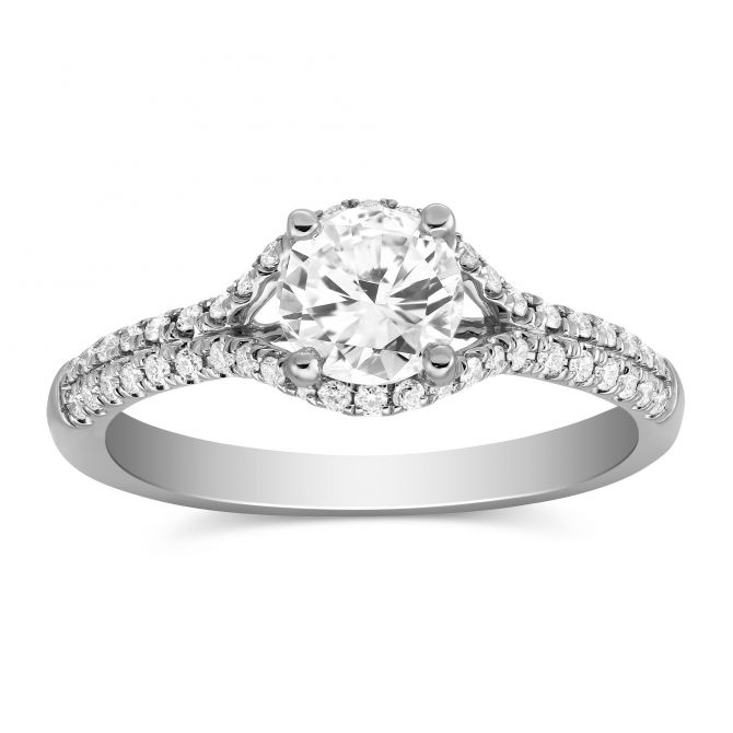 White Gold Diamond Engagement Ring with Joined Diamond Halo & 2 Row Shank, .67 ct