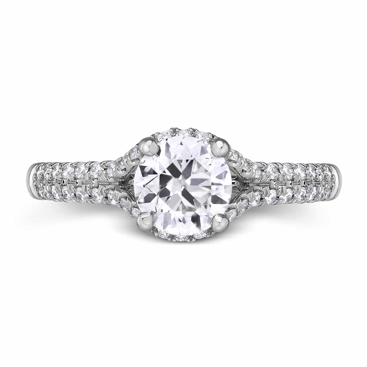 White Gold Diamond Engagement Ring with Joined Diamond Halo & 2 Row Shank, .67 ct
