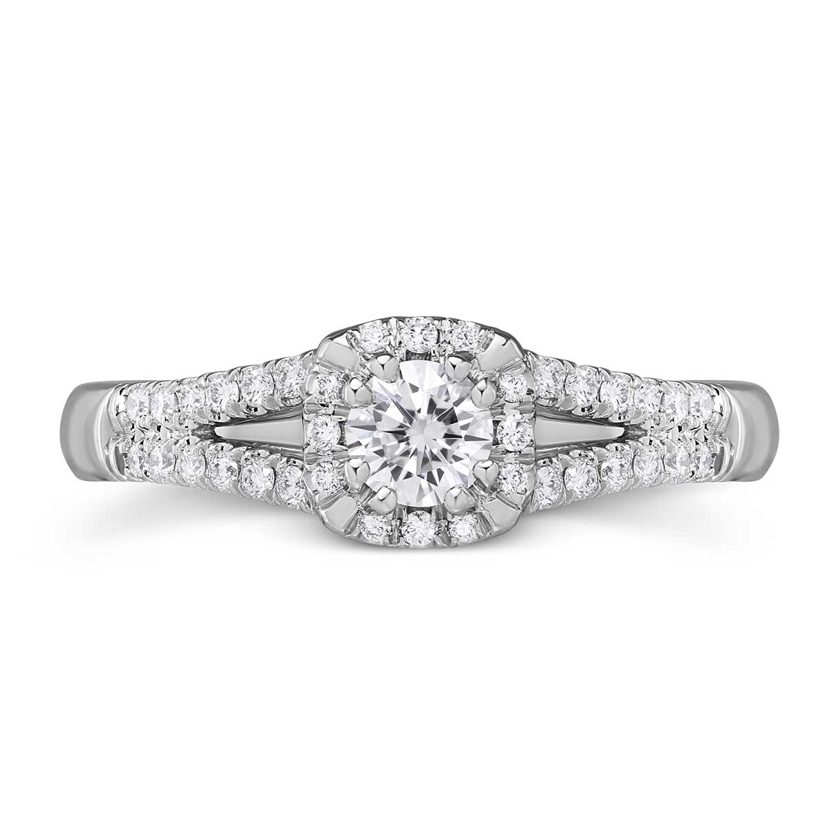 White Gold Diamond Engagement Ring with Cushion Halo & Split Shank, 0.83 ct
