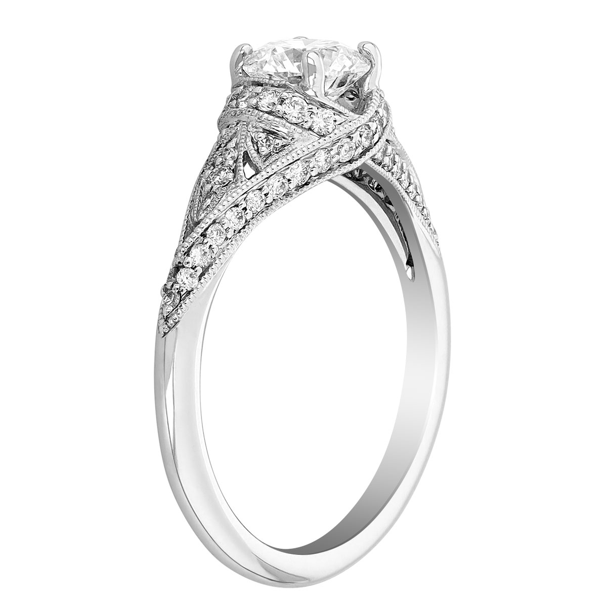 Round Diamond Vintage Style Milgrain Engagement Ring in White Gold, .75 ct