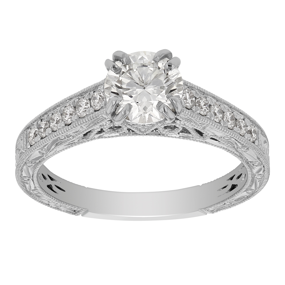 Round Diamond Engagement Ring with Diamond Milgrain Sides & Scrollwork Gallery in Platinum