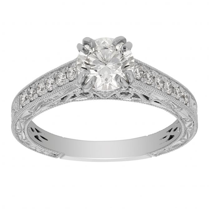 Round Diamond Engagement Ring with Diamond Milgrain Sides & Scrollwork Gallery in Platinum