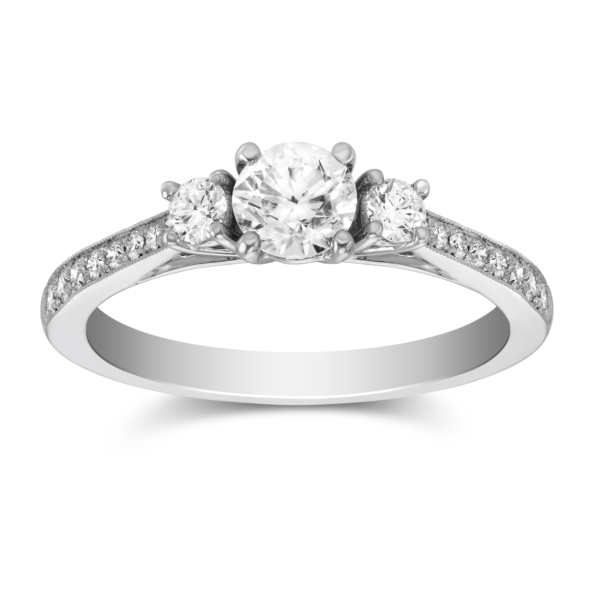 White Gold 3 Stone Diamond Engagement Ring with Diamond Milgrain Shank, 0.78 ct