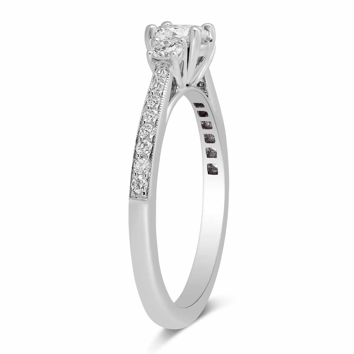 White Gold 3 Stone Diamond Engagement Ring with Diamond Milgrain Shank, 0.78 ct