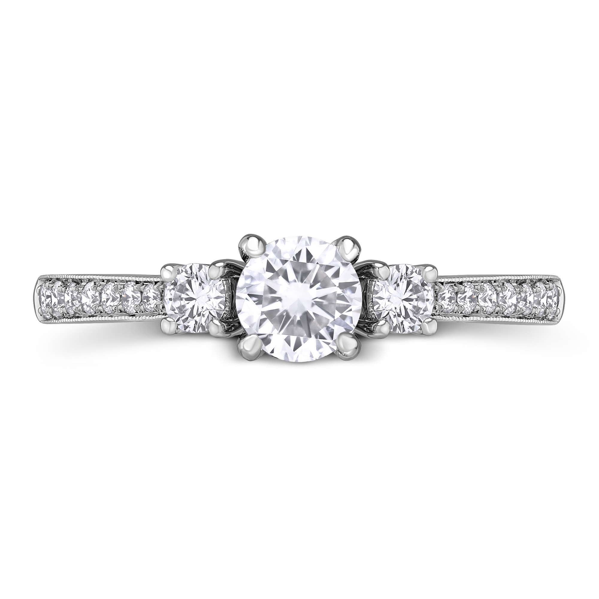 White Gold 3 Stone Diamond Engagement Ring with Diamond Milgrain Shank, 0.78 ct