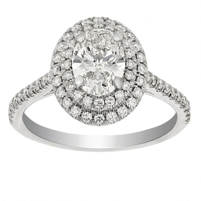 Borsheims Signature Oval Diamond Double Halo Ring in White Gold, 0.91 ct