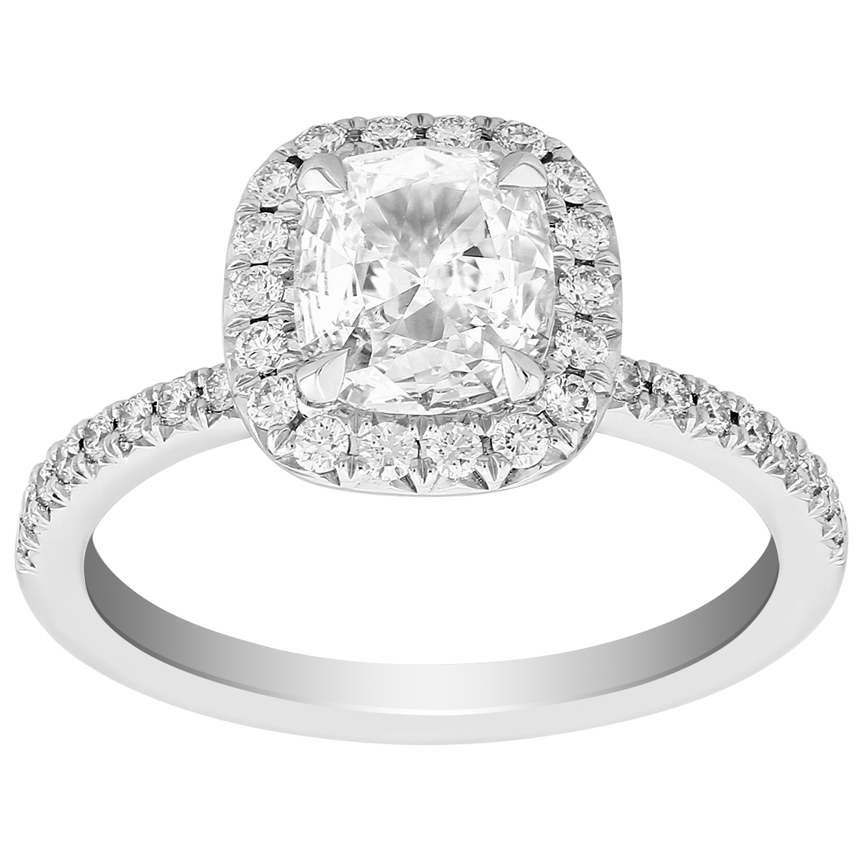 Elege Cushion Diamond Halo Engagement Ring with Pavé Shank in White Gold, .83 ct