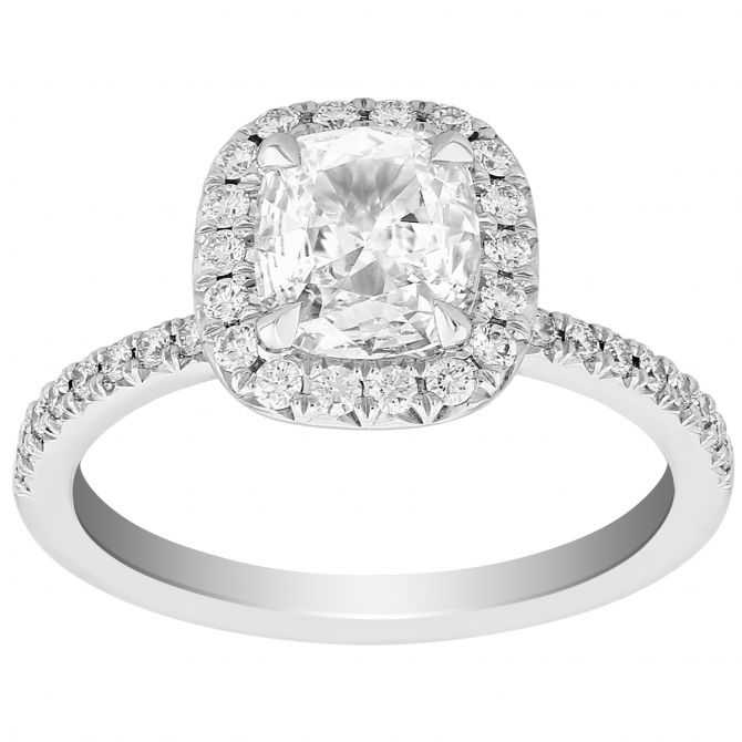 Elege Cushion Diamond Halo Engagement Ring with Pavé Shank in White Gold, .83 ct