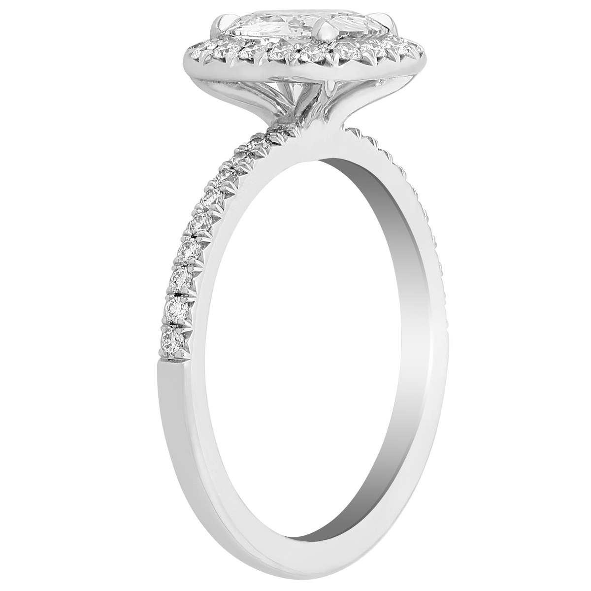 Elege Cushion Diamond Halo Engagement Ring with Pavé Shank in White Gold, .83 ct