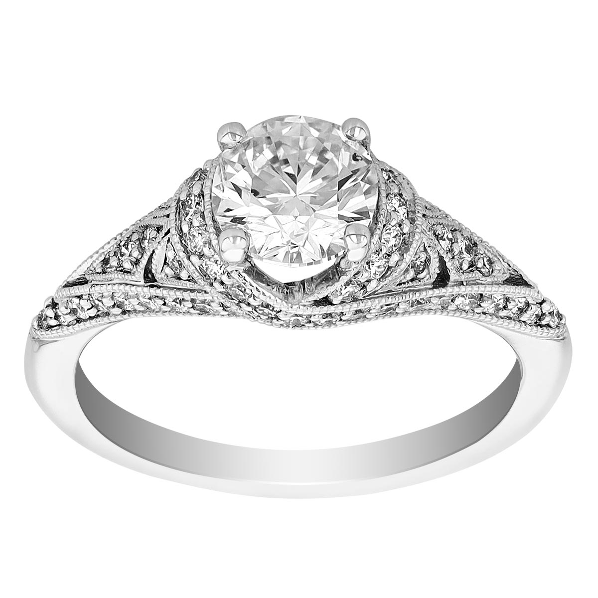 Round Diamond Vintage Style Milgrain Engagement Ring in White Gold, .97 ct Borsheims