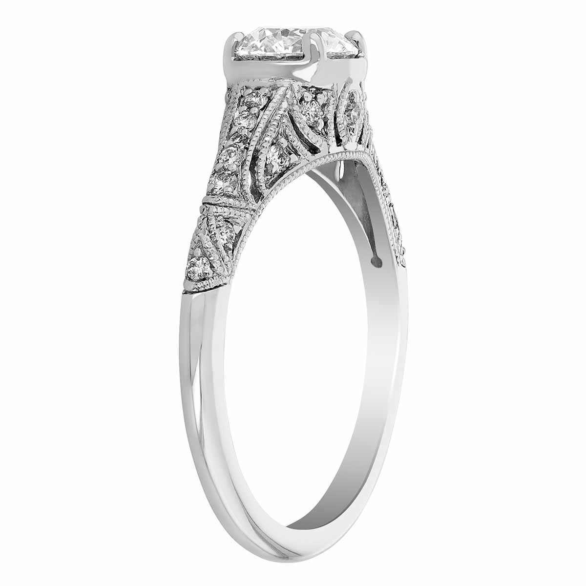 Diamond Milgrain Openwork Vintage Style Engagement Ring in White Gold