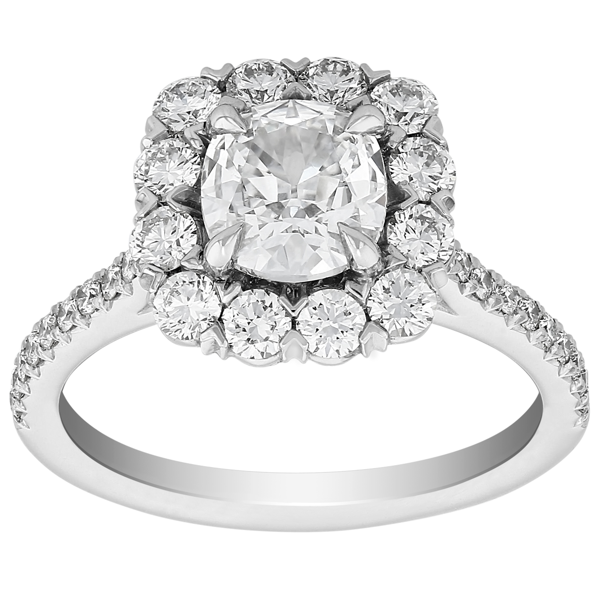 Cushion Diamond Halo Engagement Ring with Pavé Shank in Platinum, 1.04 ct