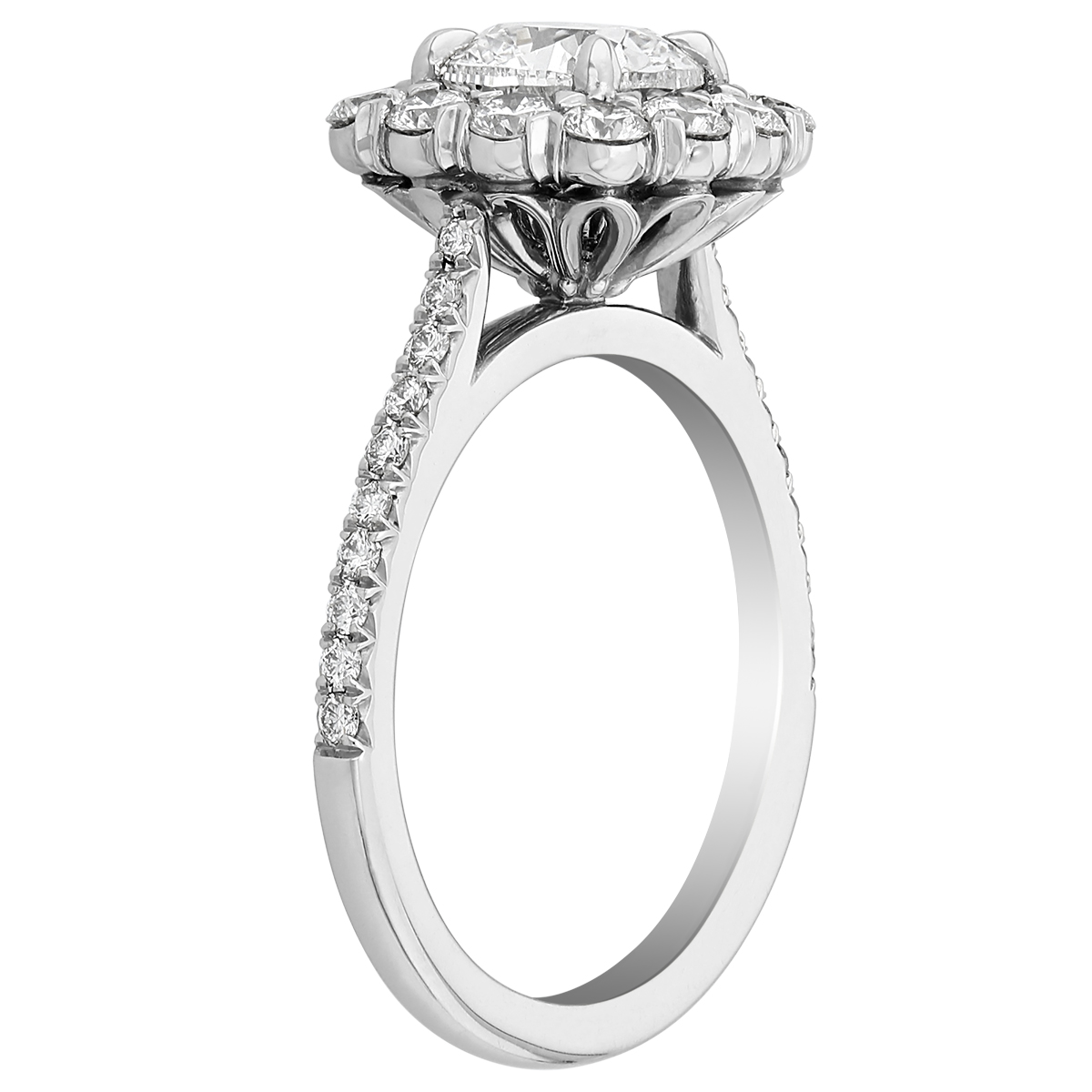 Cushion Diamond Halo Engagement Ring with Pavé Shank in Platinum, 1.04 ct