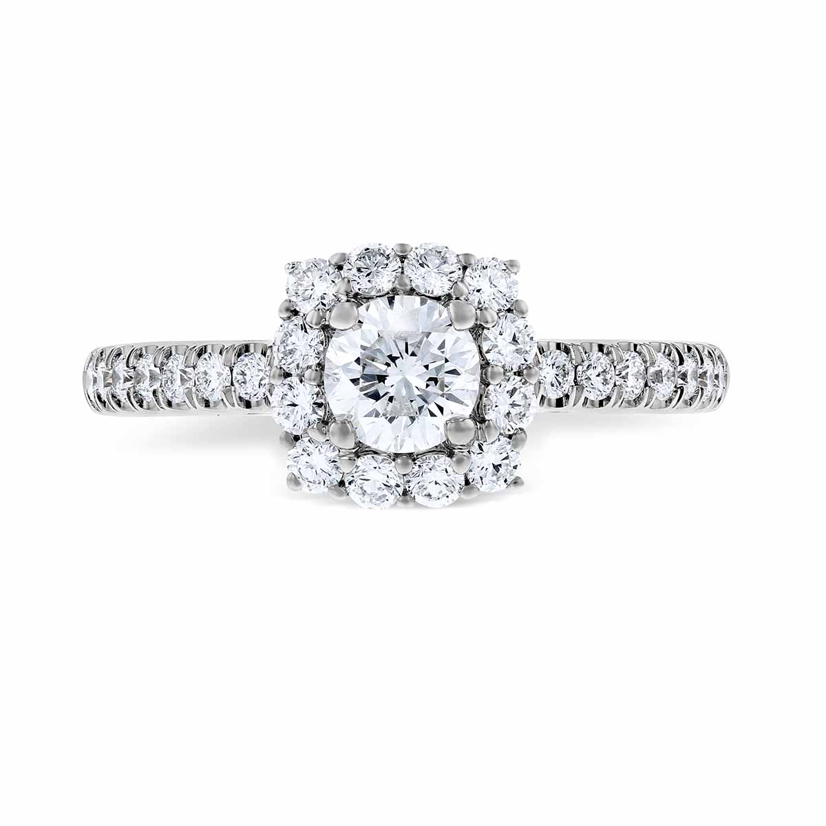 White Gold Diamond Cushion Halo Engagement Ring with Diamond Shank, 1.01 ct