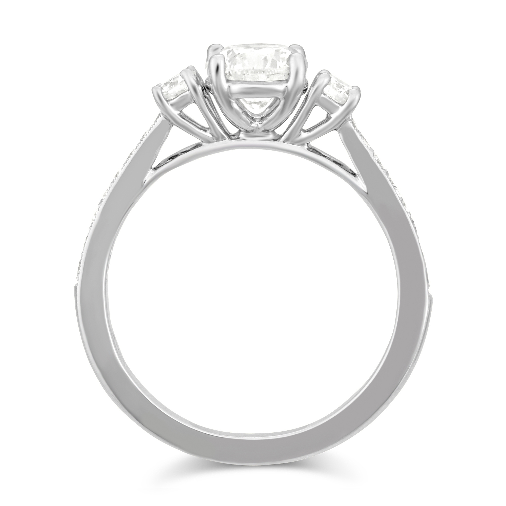 White Gold Diamond 3 Stone Engagement Ring with Diamond Milgrain Shank, 1.02 ct