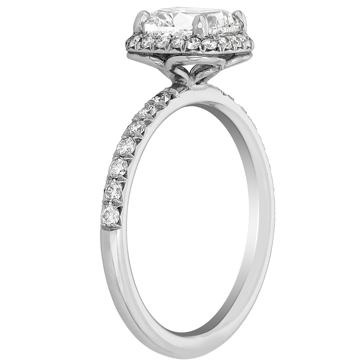 Cushion Diamond Halo Engagement Ring with Pavé Shank in Platinum, 1.23 ct