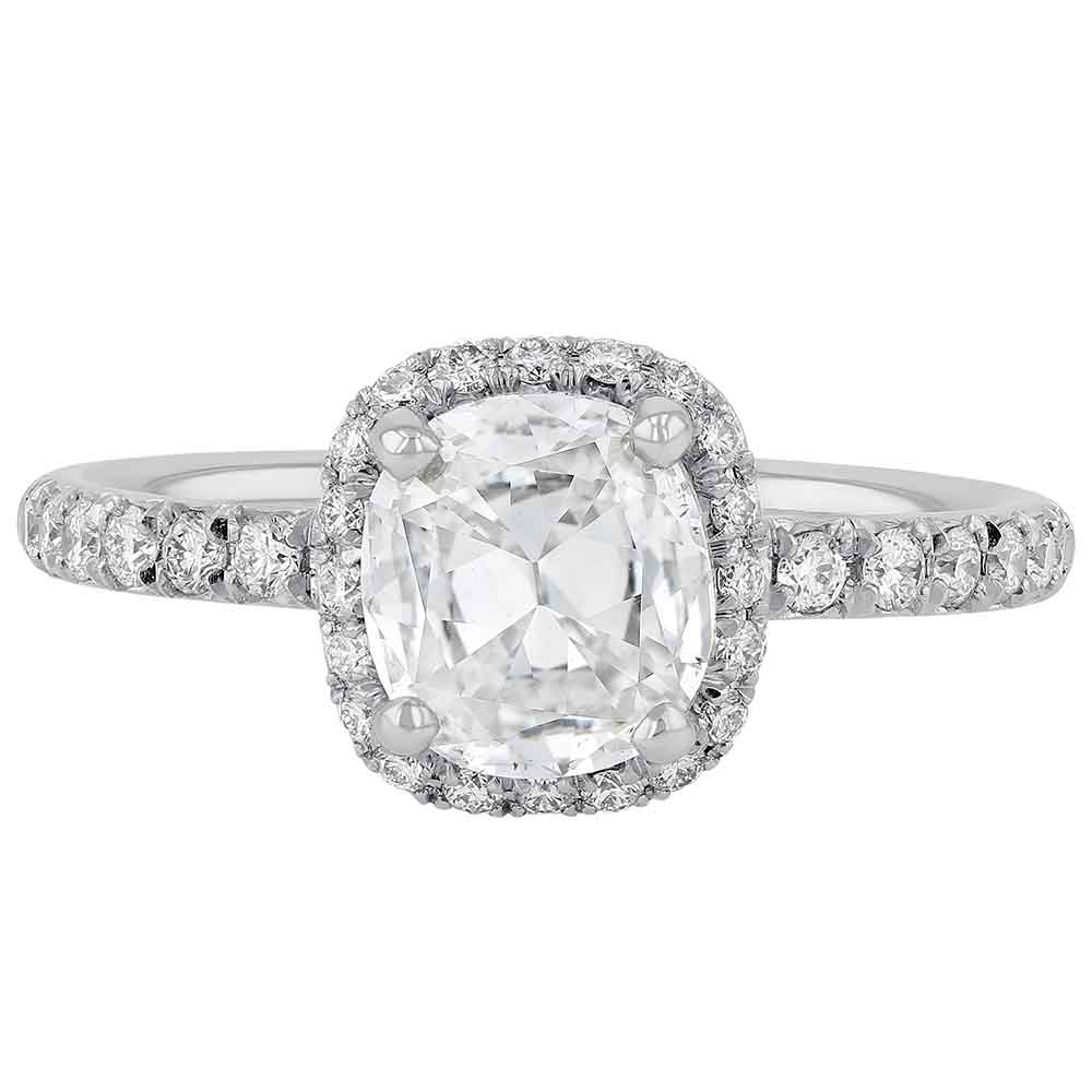 Cushion Diamond Halo Engagement Ring with Pavé Shank in Platinum, 1.23 ct