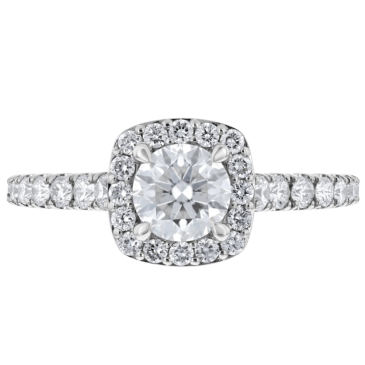 14K White Gold Round Diamond Cushion Halo Ring with Diamond Shank, 1.01 ct