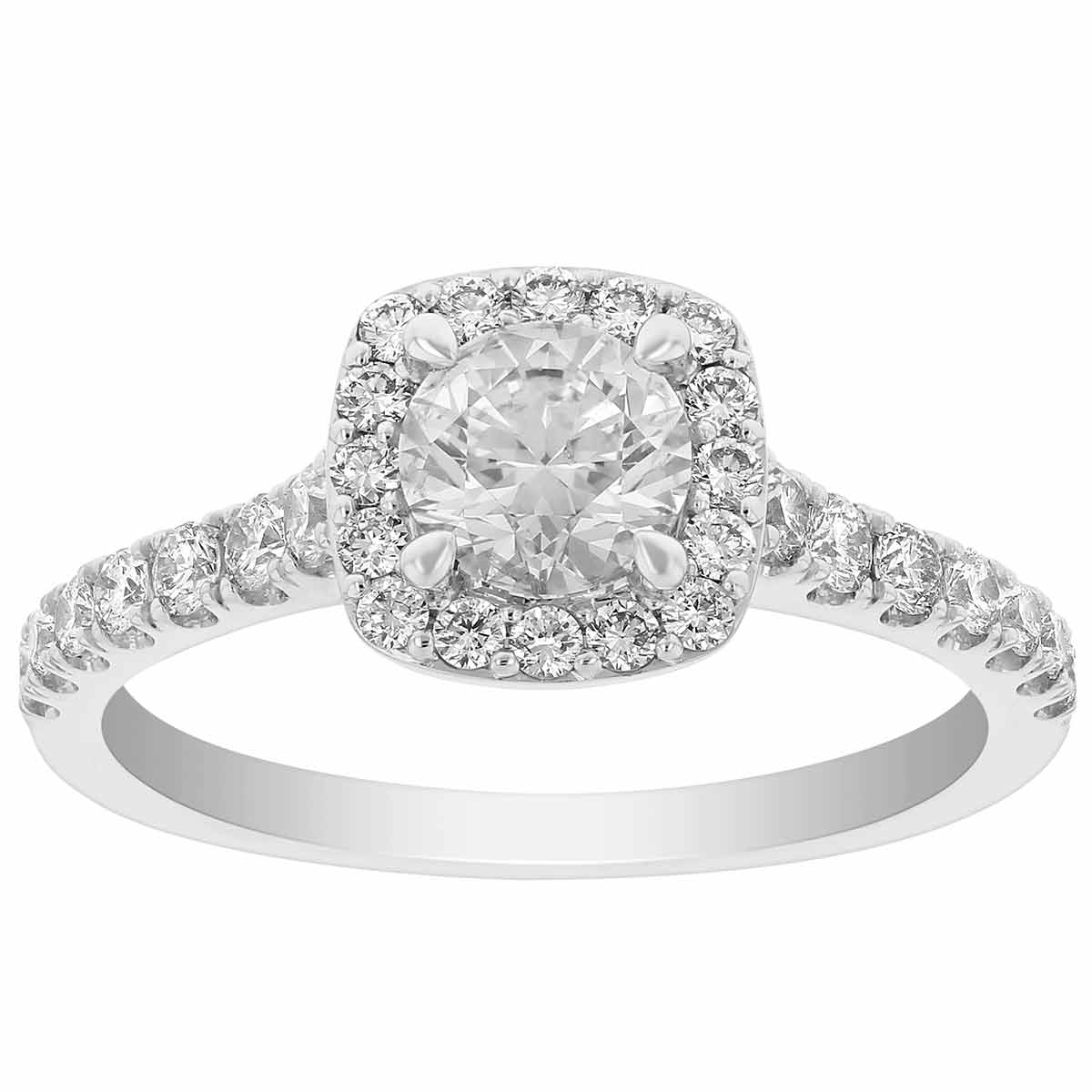 14K White Gold Round Diamond Cushion Halo Ring with Diamond Shank, 1.01 ct