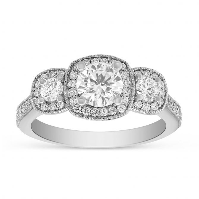 White Gold Diamond 3 Stone Milgrain Cushion Halo Engagement Ring, 1.07 ct
