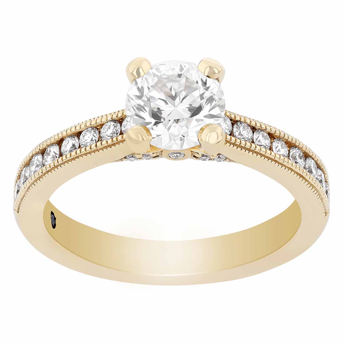 Round Diamond Engagement Ring with Bead Bright Shank & Gallery in Yellow Gold
