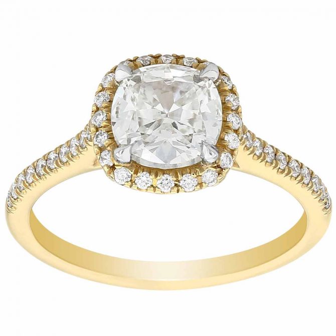 Cushion Diamond Halo Engagement Ring with Pavé Shank in Yellow Gold
