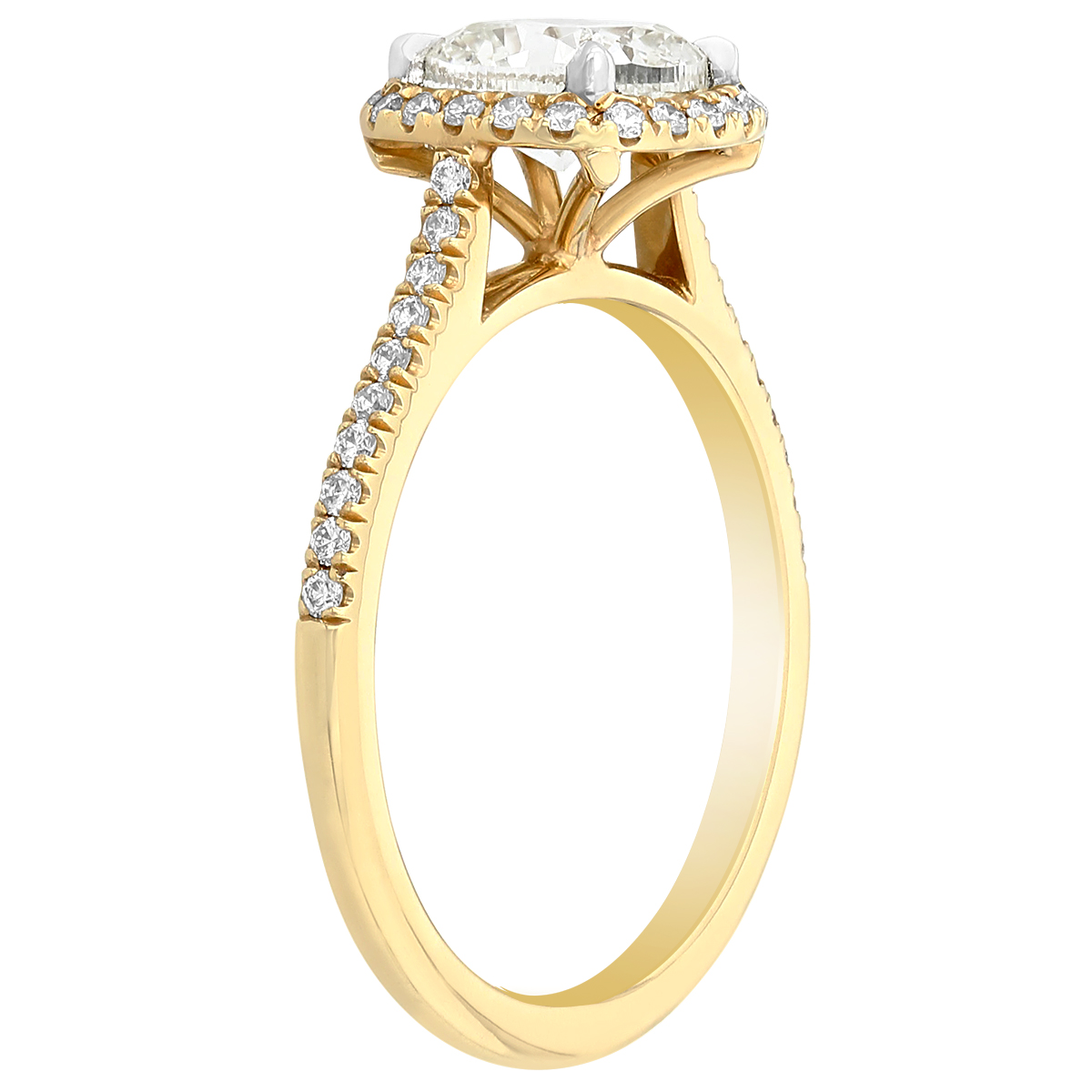 Cushion Diamond Halo Engagement Ring with Pavé Shank in Yellow Gold