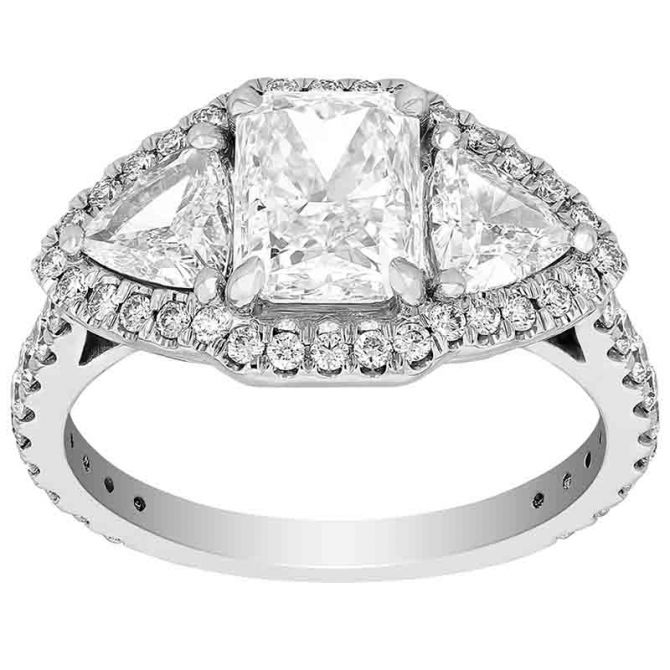 Radiant Diamond 3 Stone Engagement Ring with Trillion  Side Stones & Halo in White Gold