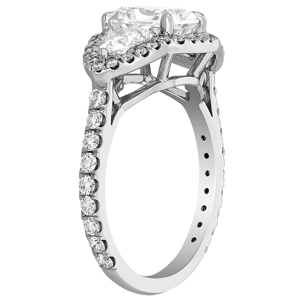 Radiant Diamond 3 Stone Engagement Ring with Trillion  Side Stones & Halo in White Gold