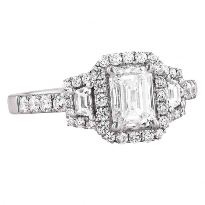 Emerald Cut Diamond Halo 3 Stone Engagement Ring in White Gold