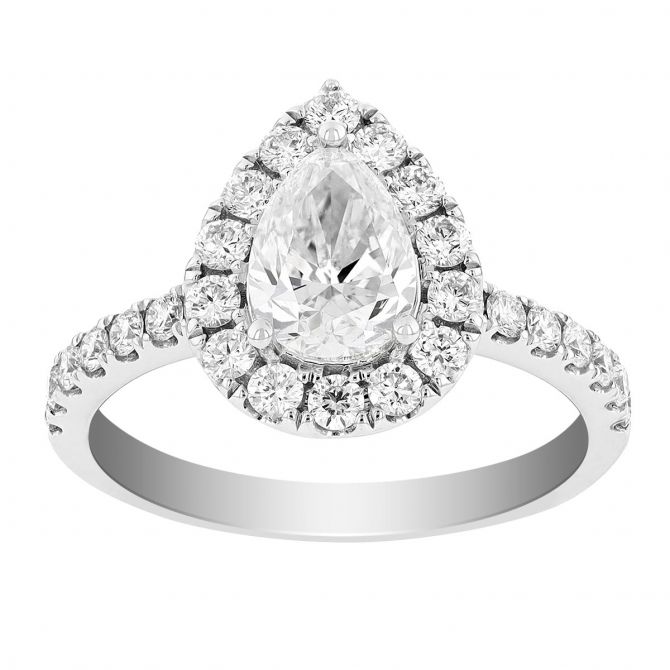 Pear Shaped Diamond Halo Engagement Ring in White Gold, 1.01 ct