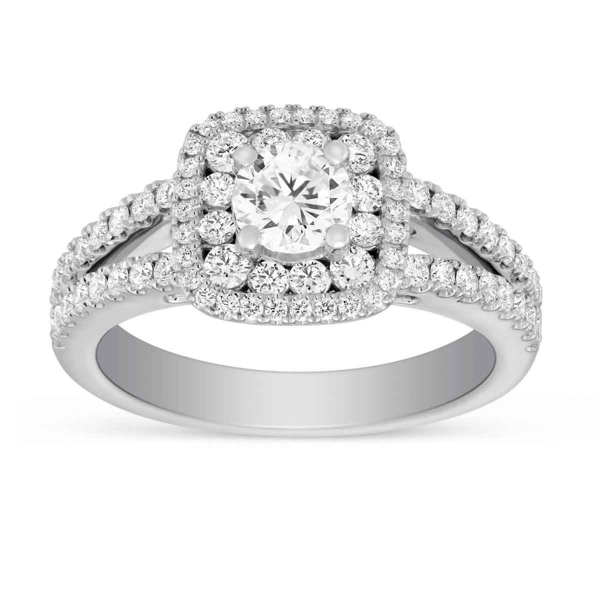White Gold Diamond Ring with Double Cushion Halo & Split Shank