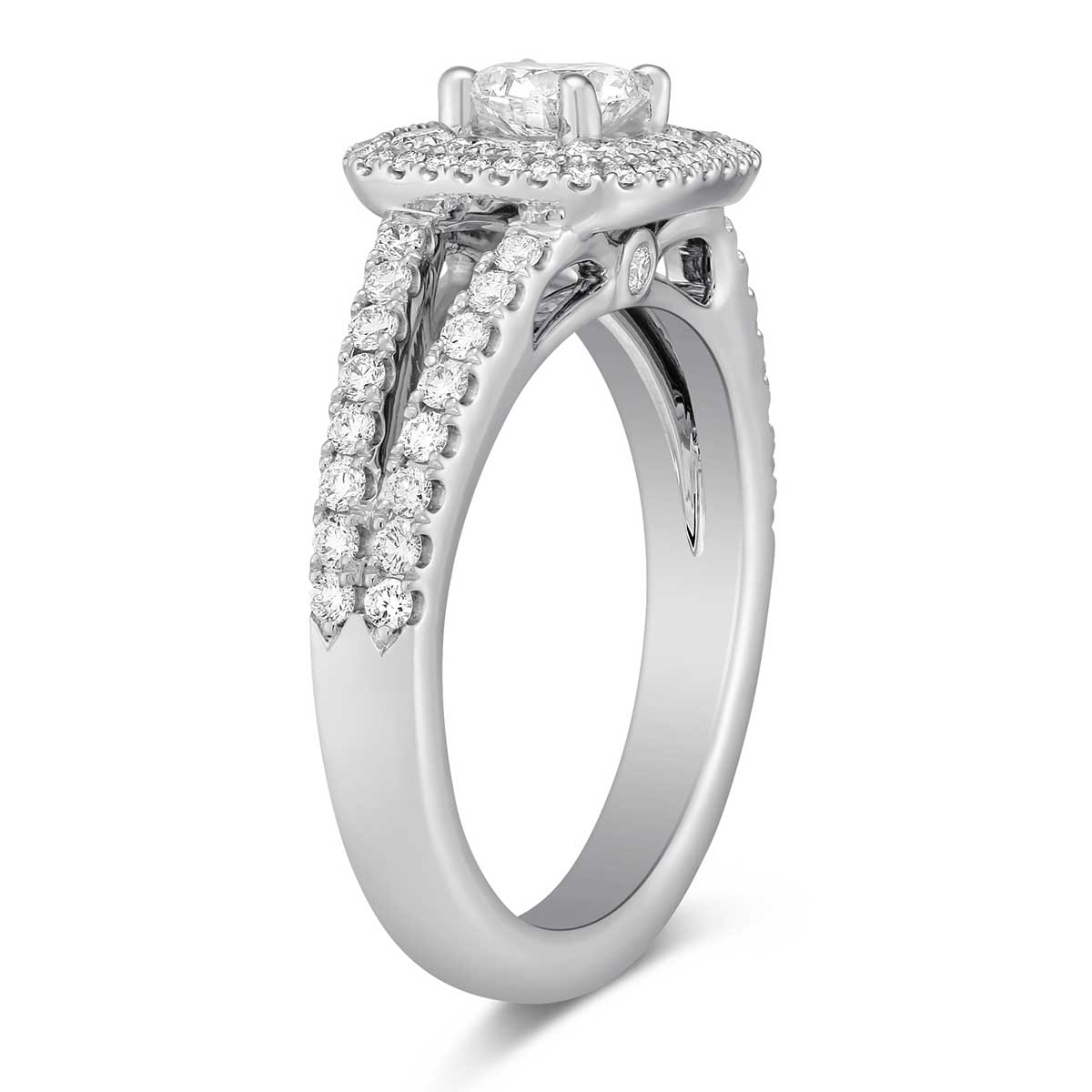 White Gold Diamond Ring with Double Cushion Halo & Split Shank
