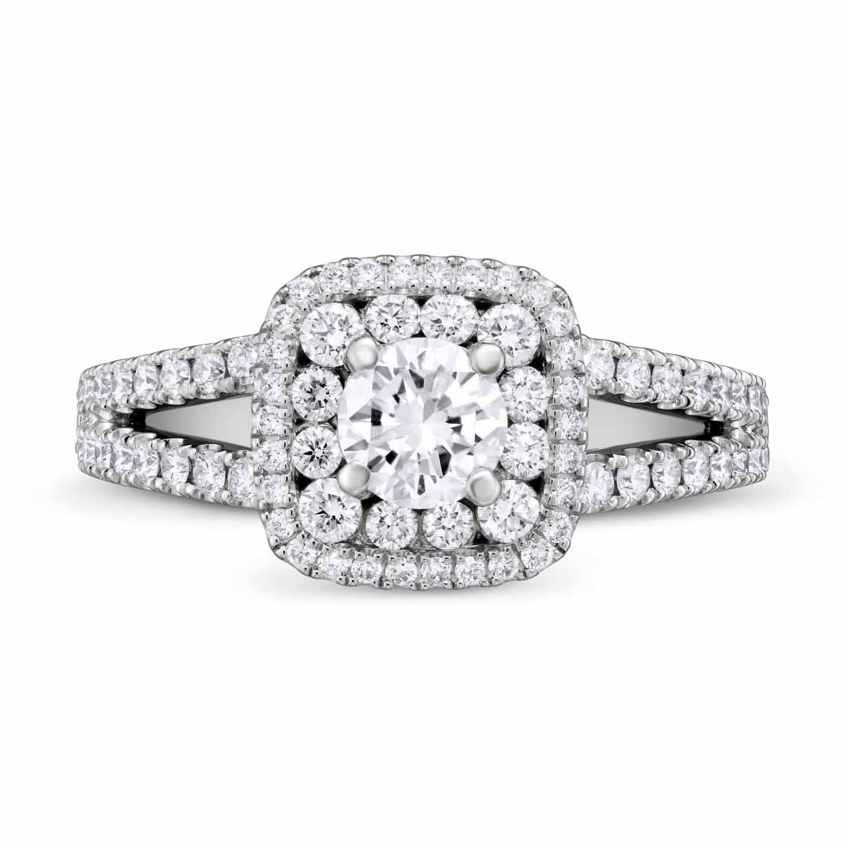 White Gold Diamond Ring with Double Cushion Halo & Split Shank