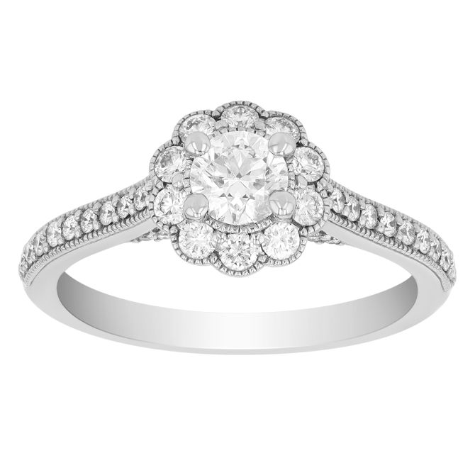 Round Diamond Floral Halo Engagement Ring in 14K White Gold