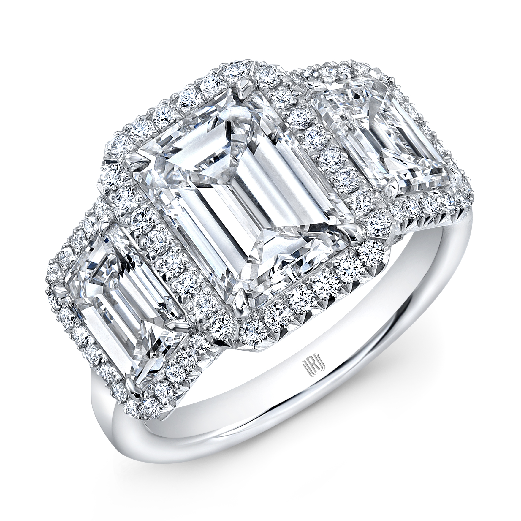 Rahaminov Emerald Cut Diamond 3 Stone Halo Engagement Ring in Platinum