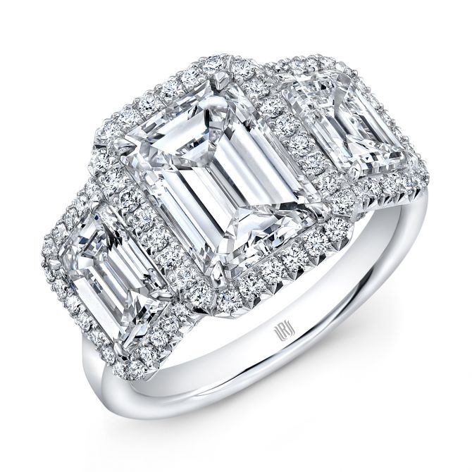 Rahaminov Emerald Cut Diamond 3 Stone Halo Engagement Ring in Platinum