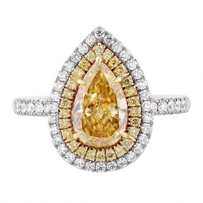 Rahaminov Fancy Deep Yellow Pear Shaped Diamond Double Halo Ring in Platinum