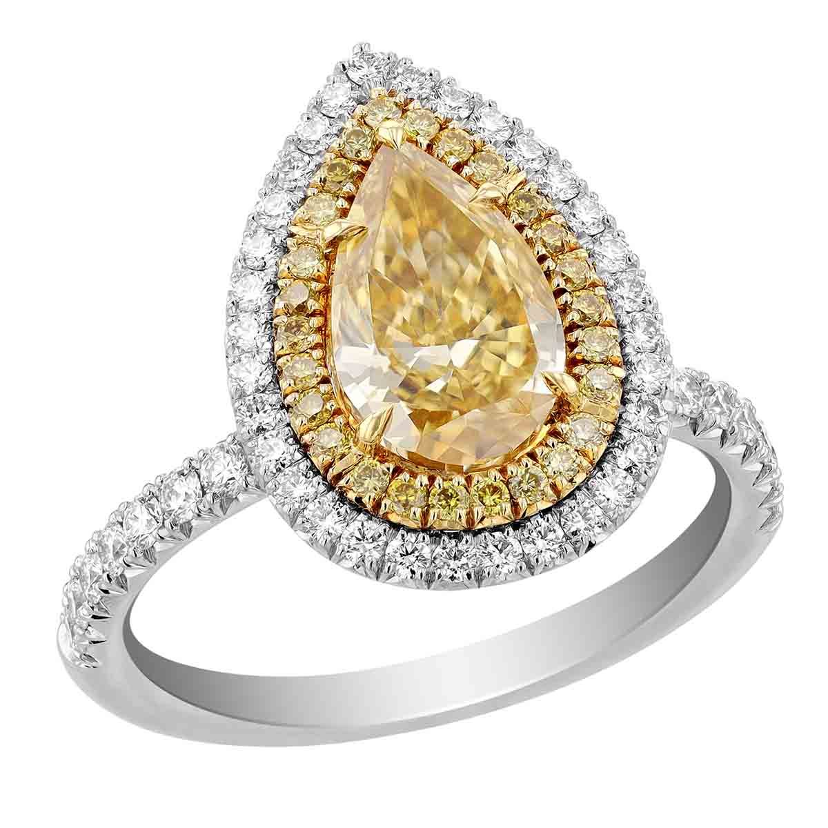 Rahaminov Fancy Deep Yellow Pear Shaped Diamond Double Halo Ring in Platinum