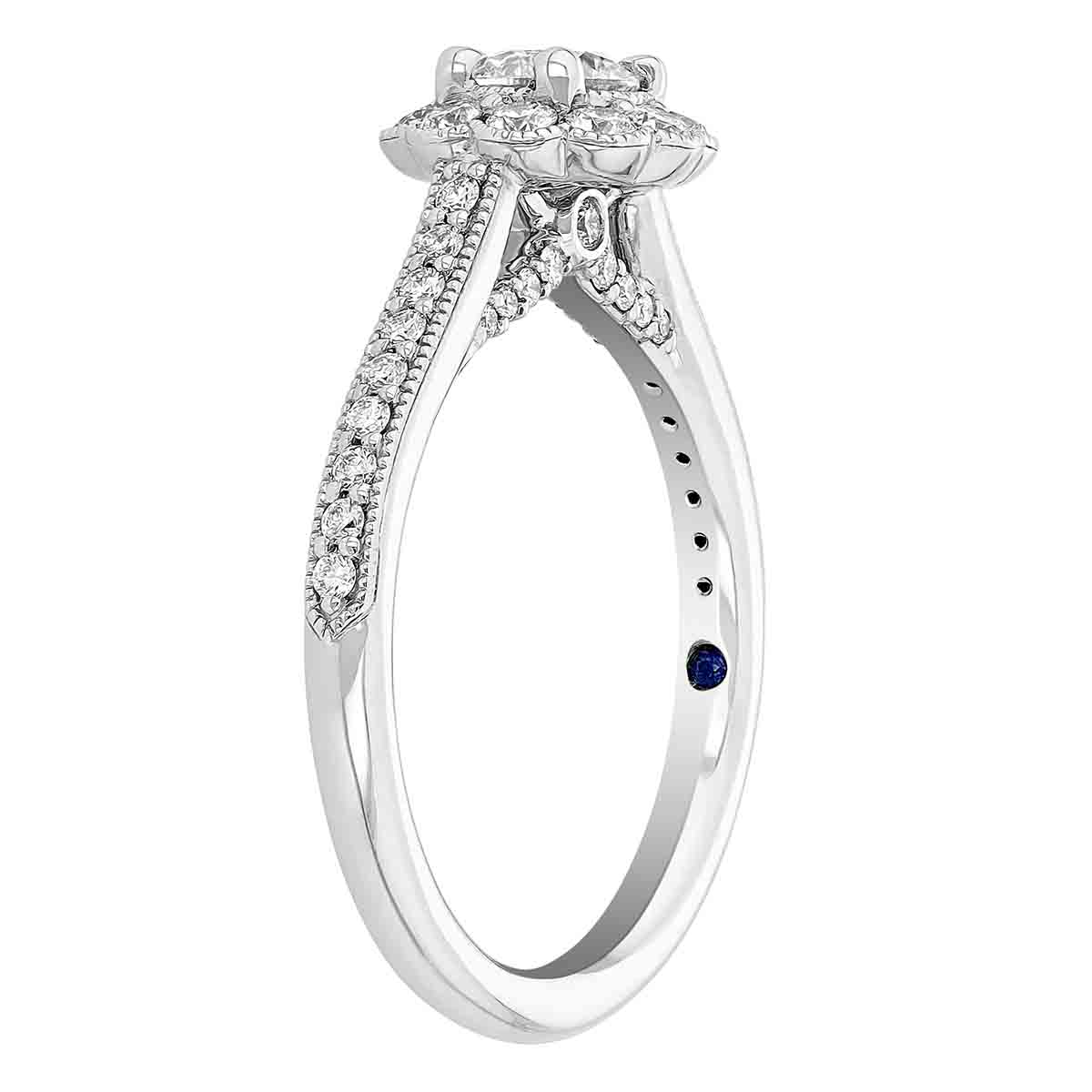 Diamond Floral Halo Engagement Ring with Side Stones & Milgrain in White Gold