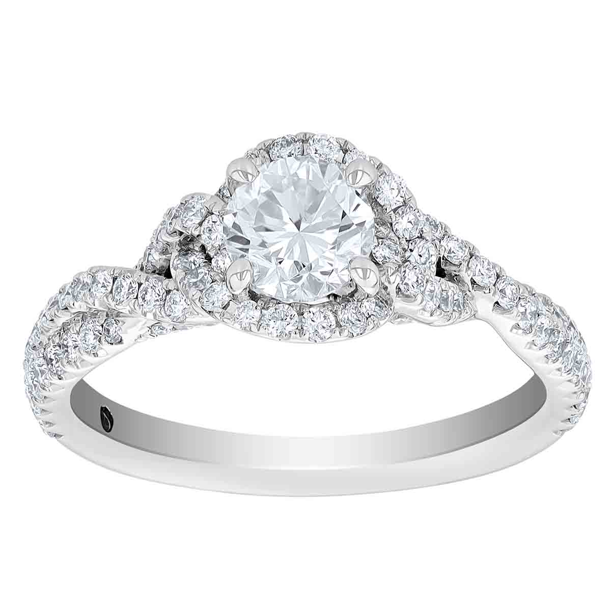Diamond Halo & Twist Engagement Ring in White Gold