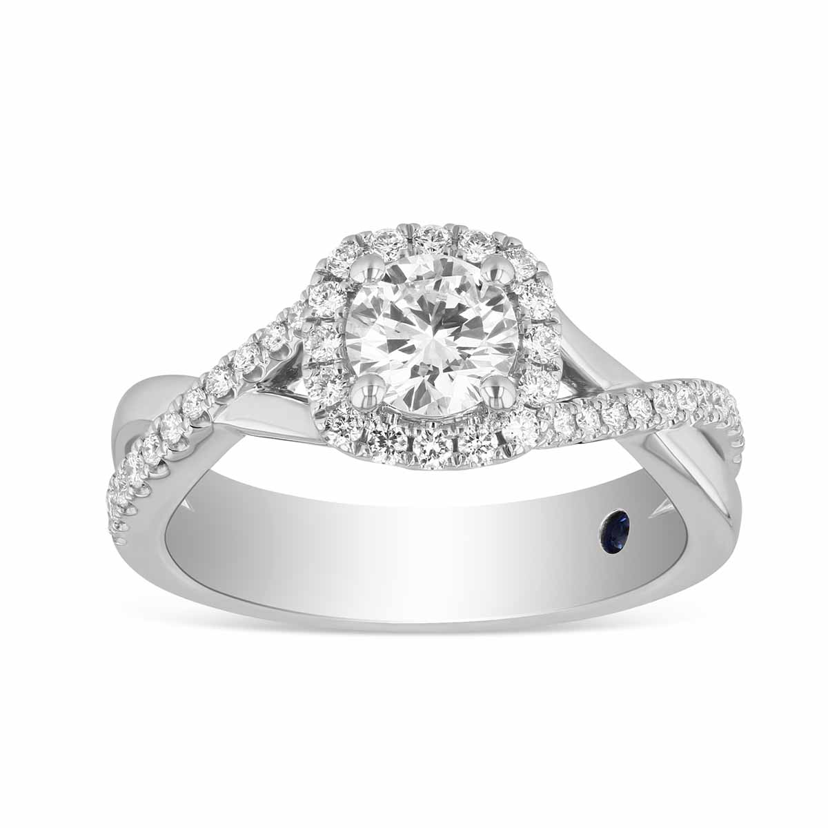 14K White Gold Round Diamond Halo Ring with Crossover Half Diamond Shank
