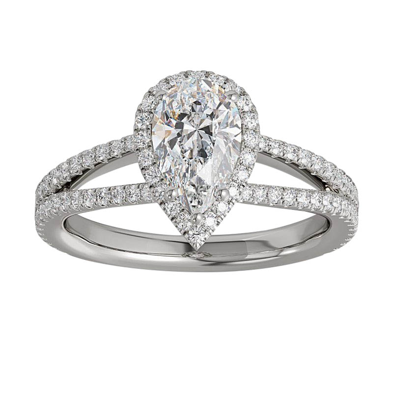 ALTR Lab Grown Pear Shaped Diamond Halo & 2 Row Shank Engagement Ring in White Gold