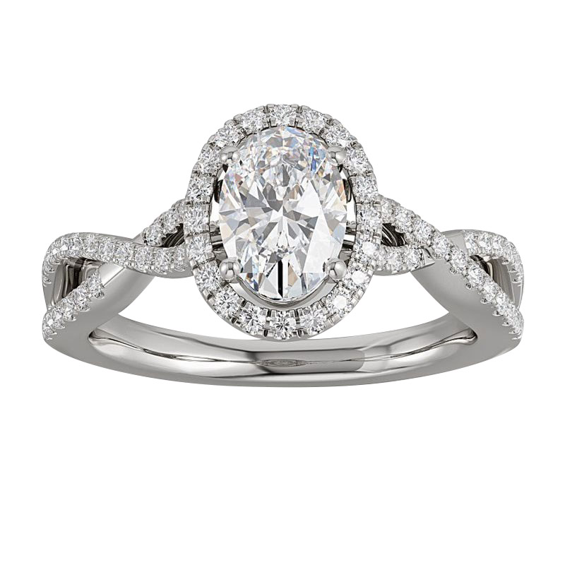 Lab Grown Oval Diamond Halo Criss Cross Engagement Ring in White Gold ...